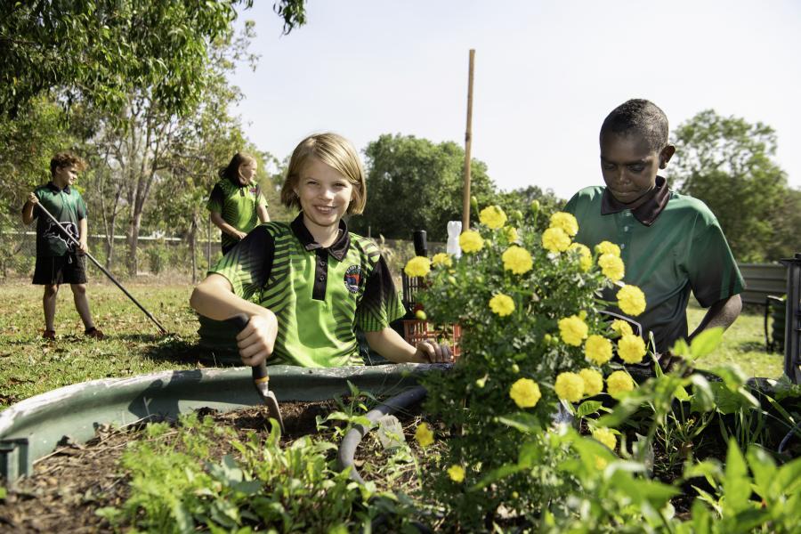 students in the school garden